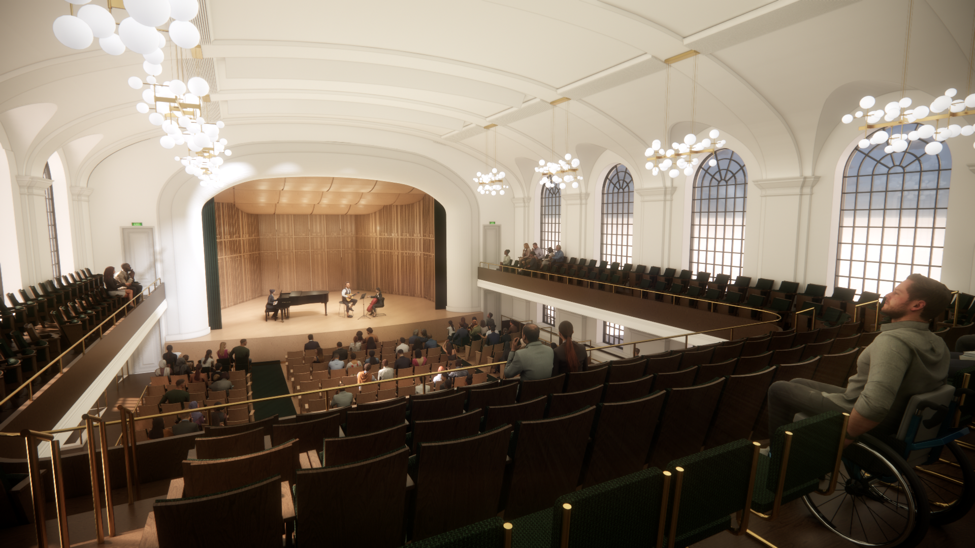Architectural rendering of Convocation Hall viewed from the upper balcony, showing accessible seating, restored heritage interiors, and a performance on stage.